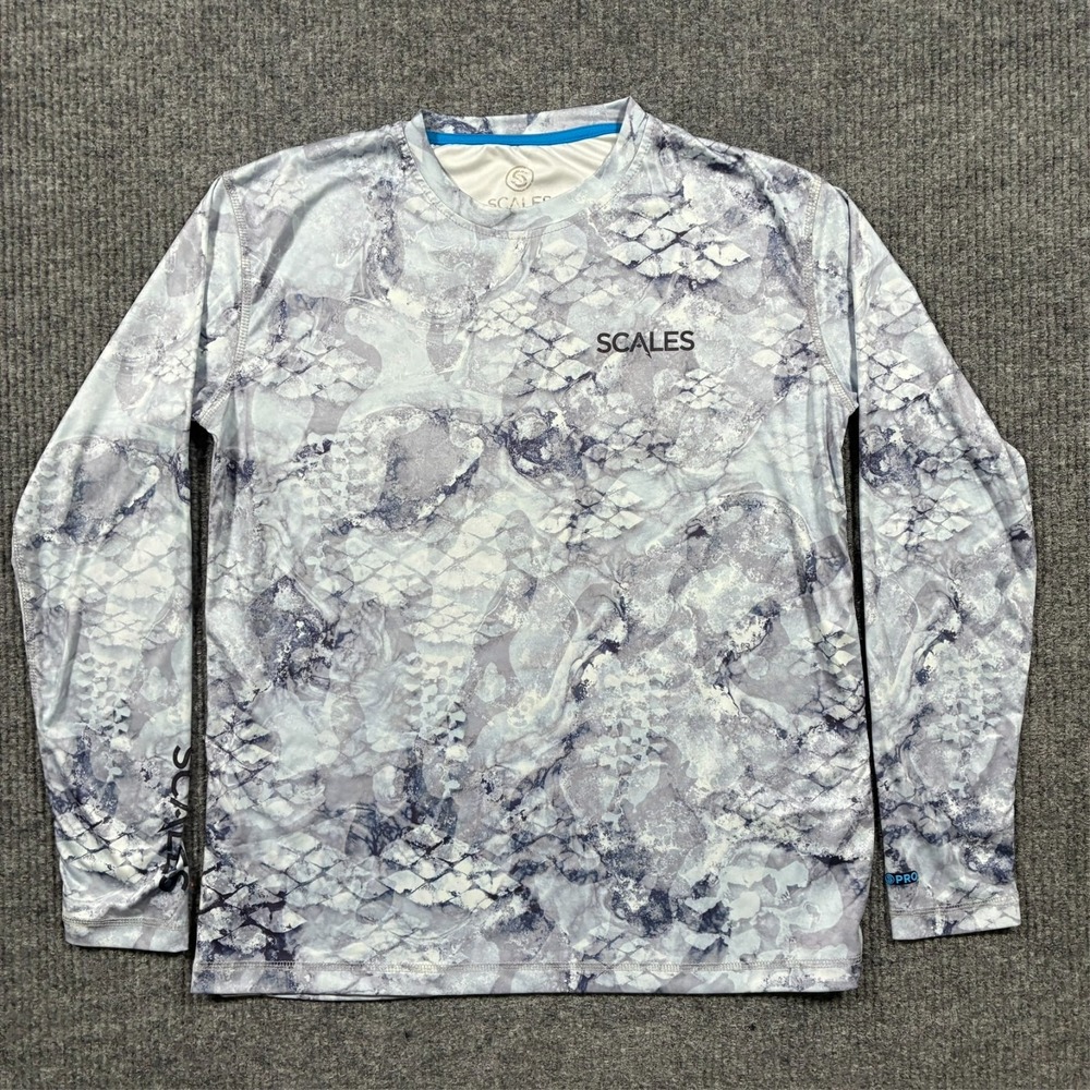 Scales Mens Fishing Shirt Medium Camo Performance Long Sleeve UPF Outdoor Angler